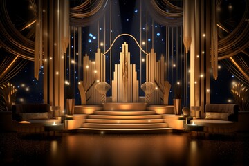 A Jazz Age Glamour themed night club stage in 3D, with soft spotlighting and golden hues that reminisce the roaring twenties elegance