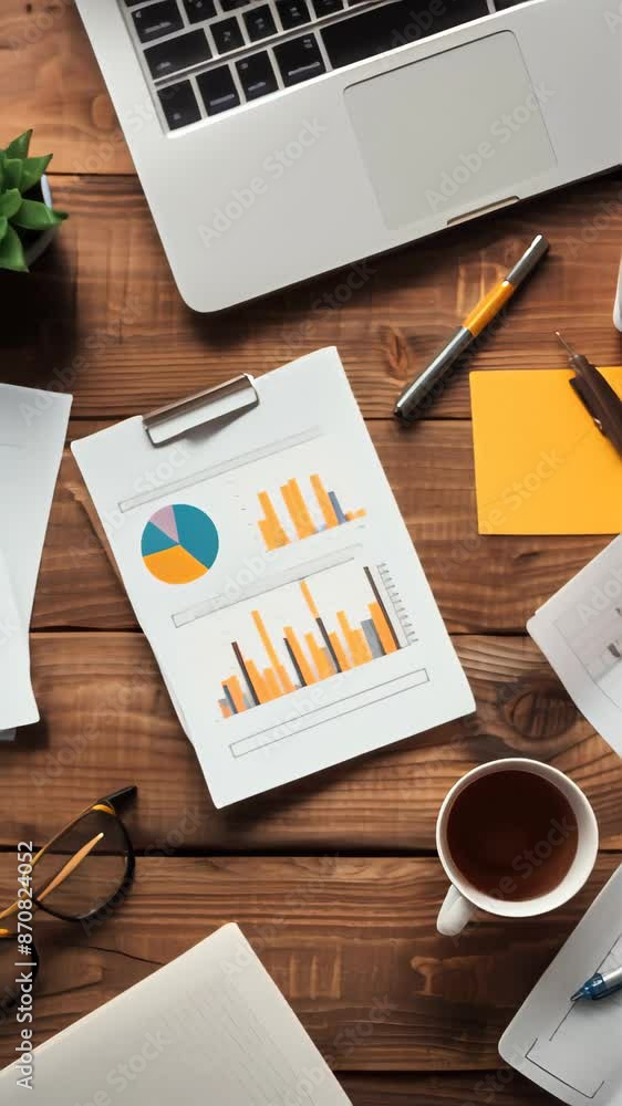 Poster office workspace with charts and laptop on wooden desk. data analysis and business planning concept.