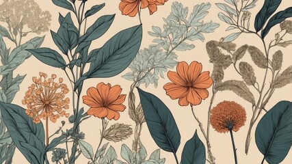 Beautiful pattern wallpaper in plants and flowers, engraving, sketch