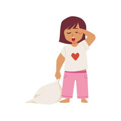 A vector illustration depicting a little yawning girl in pajamas holding a pillow