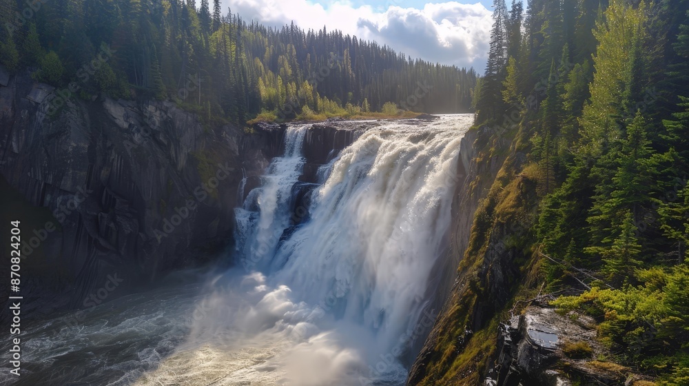 Wall mural The waterfall's plunge creates a mesmerizing pattern of swirling eddies and frothy cascades.