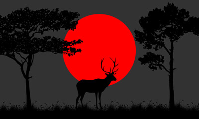 Deer Silhouette In Savannah Illustration Vector. Savannah Landscape Sunset.