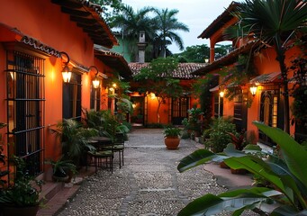 Fototapeta premium Cobblestone Courtyard with Orange Walls and Lush Greenery
