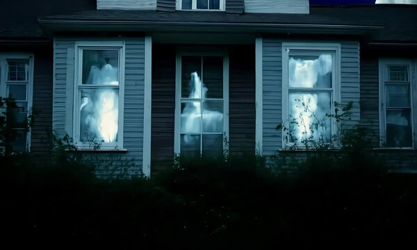 A haunted house with flickering lights and ghostly apparitions at night