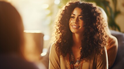 Woman leading group therapy in sunlit room with attentive participants in circle