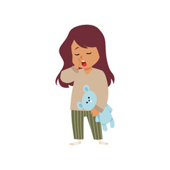 Cute sleepy girl wearing pajamas standing with teddy bear toy and yawning vector flat illustration kid waking up bedtime