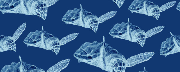 Sea turtle seamless pattern in blue watercolor on dark blue. High quality hand-drawn monochromatic art for notebooks, posters, wallpaper, textile, wrapping paper, eco, room decor and design