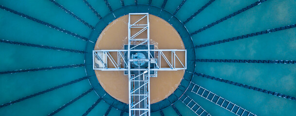 Aerial view of sewage water treatment plant, Purification process water cleaning facility...