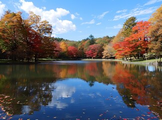 Autumn Colors Reflected in the Still Water of a Lake