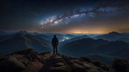 Fototapeta premium Silhouette man standing on the top of the mountain, back view, staring the Milky Way and shooting star. Ai Generative.