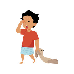 Vector illustration with a sleepy boy holding a toy rabbit and yawning while rubbing his eye