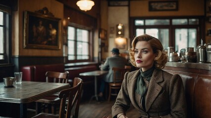 Fototapeta premium A Woman Immersed in Thoughtful Reverie, Amidst the Ambient Glow of a Cozy Café, Captured in the Gentle Hues of Morning Light
