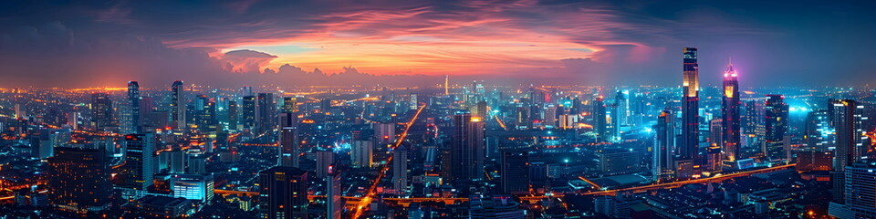 Obraz premium Aerial view Smart cityscape dot point connect with gradient line, connection technology metaverse concept. Bangkok, Thailand night city
