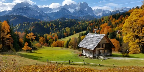 Fototapeta premium Wooden Cabin Nestled in Autumn Mountains