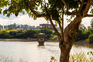 Building under construction next to the Cascata dam, in the city of Marilia, state of Sao Paulo, Brazil. Real estate development close to a water source area.
