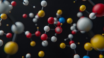 Brightly colored molecular abstractions gracefully floating on a rich black background