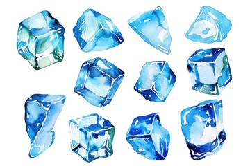 Obraz premium A cluster of blue ice cubes sit on a white background, perfect for use in scientific or commercial applications