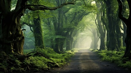 Naklejka premium Mystical forest with moss-covered trees and paths.