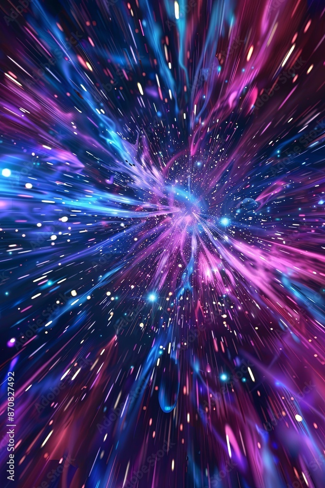 Poster abstract creative space background. hyperjump to another galaxy. speed ​​of light, neon glowing rays