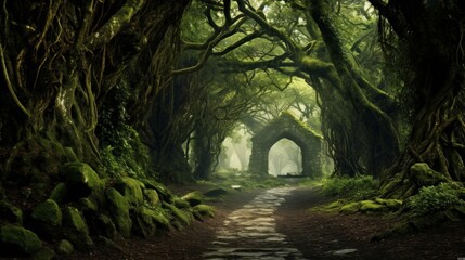 Naklejka premium Mystical forest with moss-covered trees and paths.