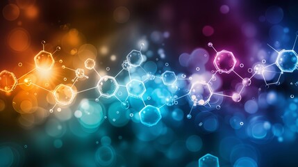 Colorful abstract representation of molecules in vibrant hues floating on a dark background