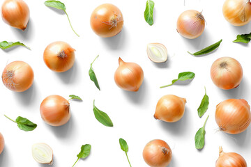 Obraz premium Fresh Onions and Spinach Leaves on White Background