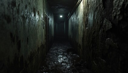 A dark corridor in an abandoned building. Cluttered corridor in ruins. Abandoned building. Horror. Dark room
