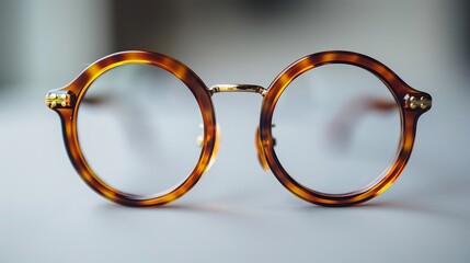 Round tortoiseshell eyeglasses on white background, close-up. Vintage fashion accessories concept