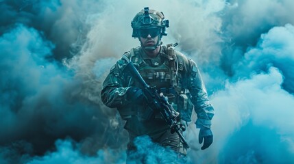 Special operations forces soldier, army ranger or commando in camo uniform, helmet and ballistic glasses walking at battlefield