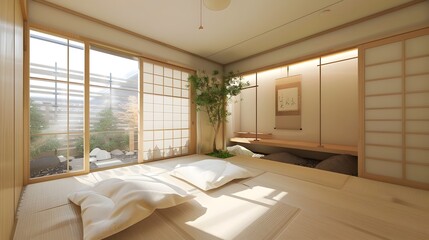 Fototapeta premium Minimalist Japanese-Inspired Muji-Style House with Serene Tatami Mat Area
