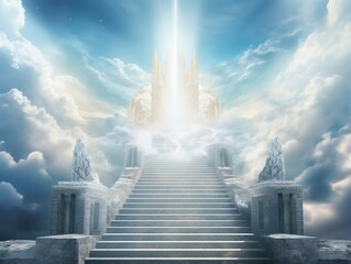 Ethereal Steps Ascending to a Glorious Light, Embraced by Soft Clouds and a Bright Blue Sky, Symbolizing Heaven. Generative AI