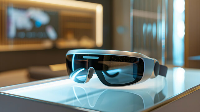 A pair of virtual reality glasses is on a table. The glasses are black and white and have a futuristic look. Concept of excitement and anticipation for the user to experience the virtual world