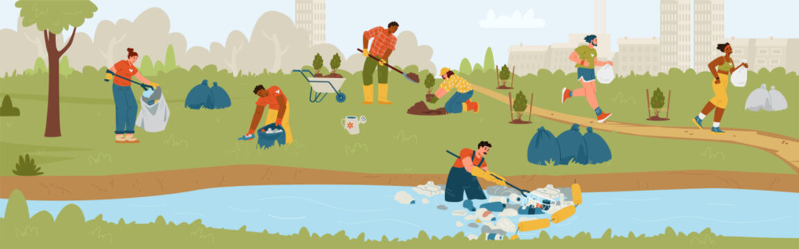 Eco volunteers cleaning river, collecting trash, planting trees, plogging outdoors flat vector banner. Community of eco concerned people.
