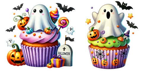 Fototapeta premium Cute Halloween-themed cupcakes decorated with ghost toppers, pumpkins, bats, and colorful frosting, featuring playful and festive designs. Watercolor Clipart isolated on Transparent Background. 