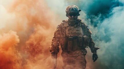 Fototapeta premium Special operations forces soldier, army ranger or commando in camo uniform, helmet and ballistic glasses walking at battlefield
