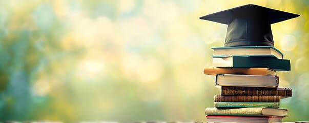 A black toga sits on a pile of colorful books with a blurred background