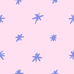 Vector simple spotted seamless pattern with asterisks. Repeating background with blue snowflakes or stars in hand drawn style. Design for fabric, wallpaper, wrapping paper, cover, poster, invitation