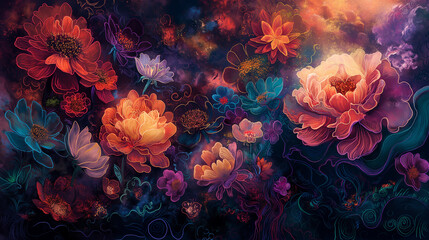 Fototapeta premium Vibrant and colorful abstract floral illustration with a dark background. The flowers are painted in a painterly style. This would be a great background for your next project.
