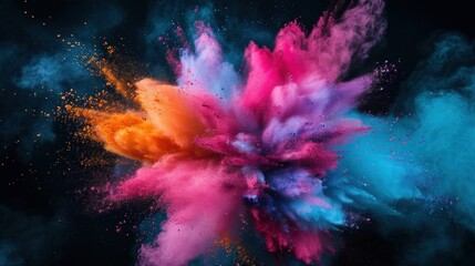 Multicolor powder explosion on black background. Colored cloud. Colorful dust explode. Paint Holi