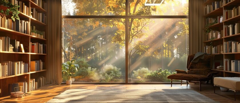 warm inviting scenic home office library with expansive view of nature in golden hour sunlight rustic wood bookshelf in cozy decorated room virtual online zoom presentation meeting room background