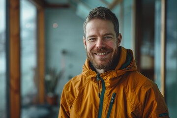 Obraz premium Portrait of a grinning caucasian man in his 30s wearing a functional windbreaker over serene meditation room