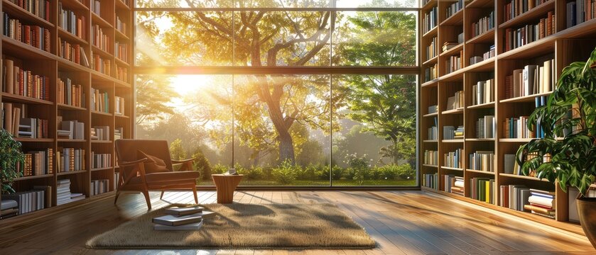scenic home office library with a warm and inviting  sunlight cozy room with rustic wood bookshelf virtual online zoom presentation meeting room background