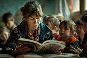 Obraz premium Middle-Aged Woman Reading to Children in Cozy Scandinavian Setting – Educational Family Scene