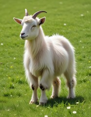 Obraz premium In the tranquil expanse of a lush green field one fluffy goat is grazing peacefully in the spring sunshine