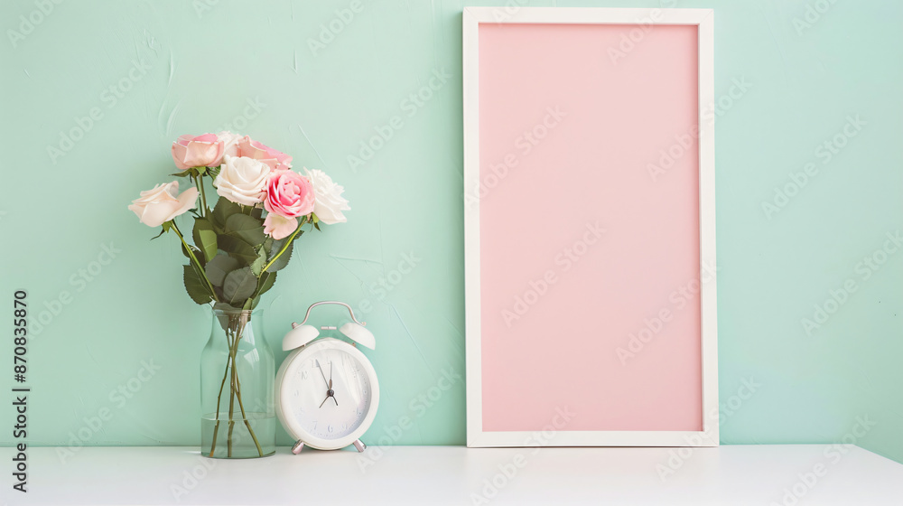 Poster 3d rendering of an empty picture frame on the table with pink roses and alarm clock beside it. the b