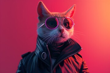 Stylish Futuristic Cat in Cyber Fashion Portrait with Sunglasses in Studio