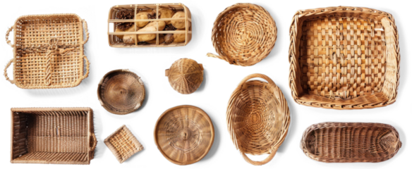 Wicker Baskets Collection on Transparent Background