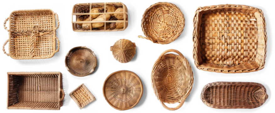 Wicker Baskets Collection on Transparent Background