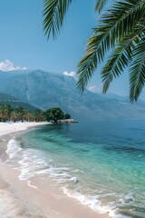Fototapeta premium Tropical beach with palm trees and mountains