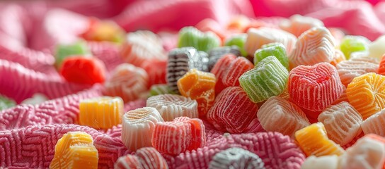 Many colorful yupi candies on a pile of pink cloth with a spotlight